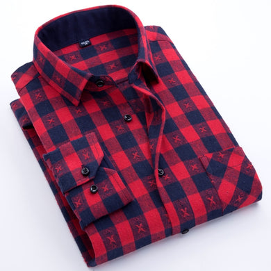 Men's Stylish Long Sleeve Plaid Print Brushed Dress Shirt with Chest Pocket Slim-fit Worn-in Comfortable Casual Flannel Shirts